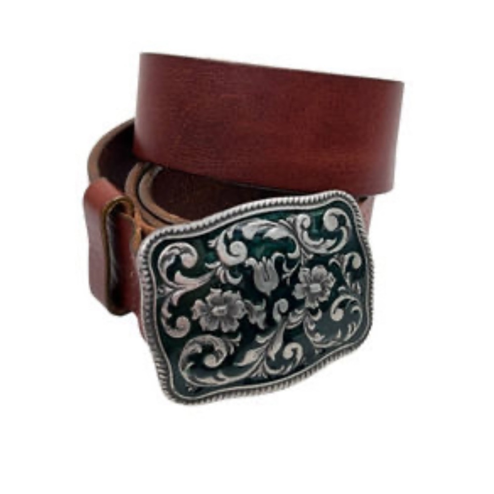 Vintage GAP Leather Belt Antiqued Enamel Fillagree Buckle Made In Italy Medium